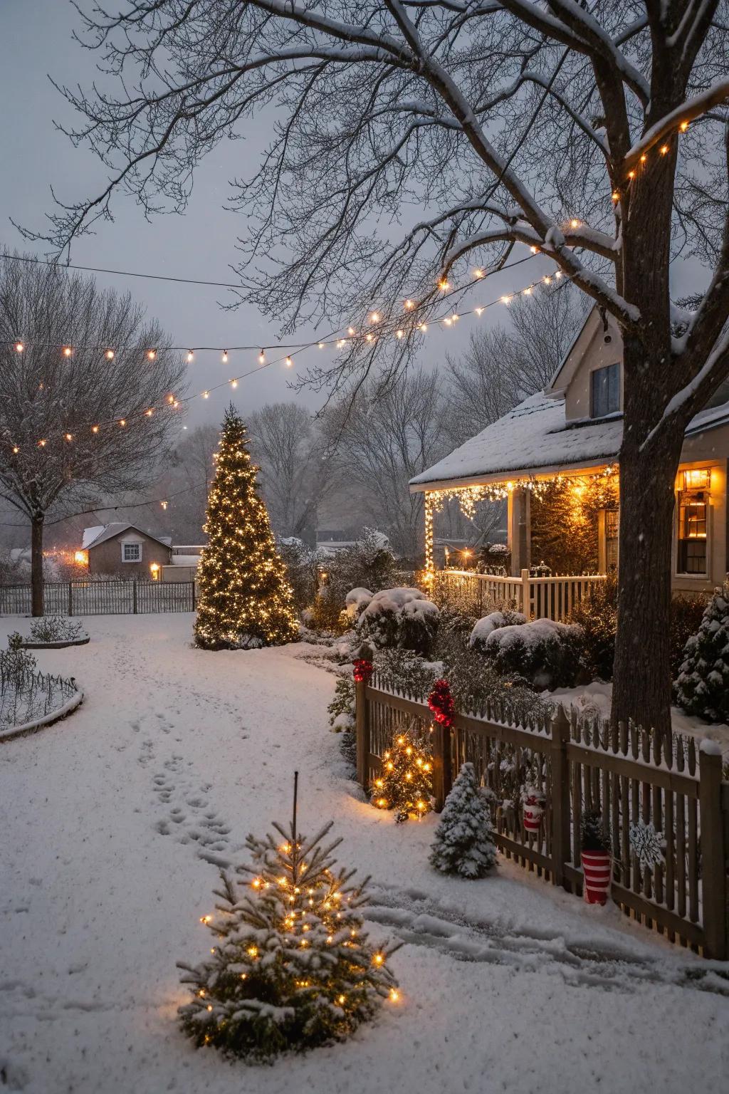 A yard refined with look-alike snow and festive lights.