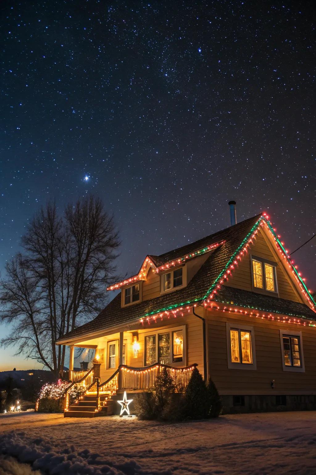 Rooftop beacons sculpt a striking festive perimeter.