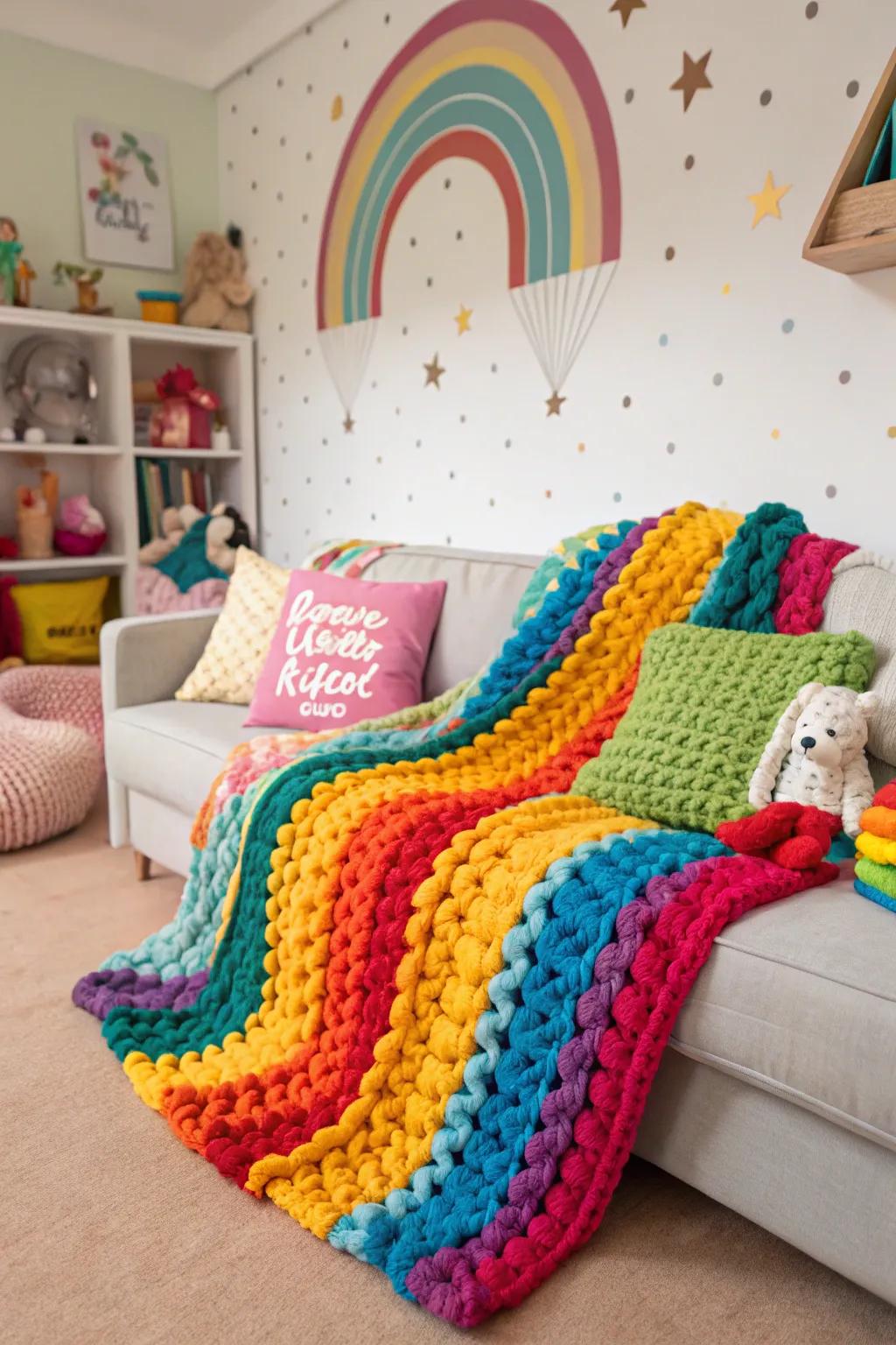 Multicolored blankets introduce a playful touch.