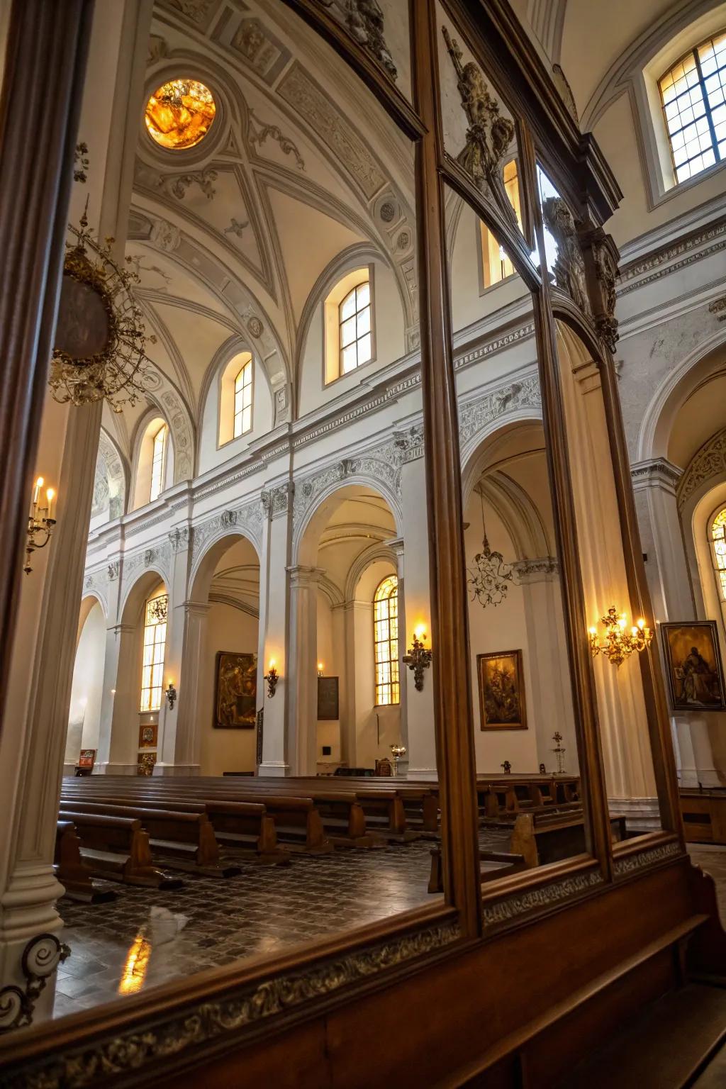 Church interior with strategically positioned reflectors.