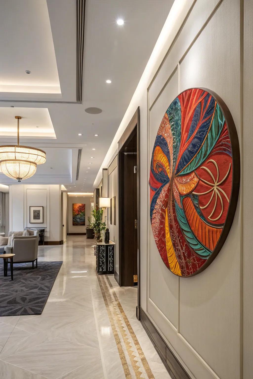 Stand out with round fabric artwork.