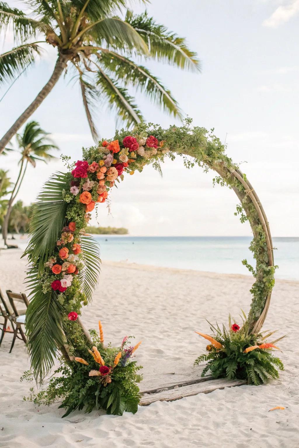 A tropical circle arch featuring palm leaves and vibrant accents.