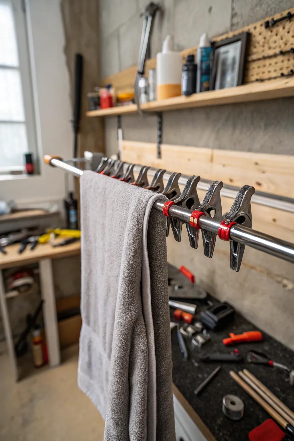 Towel rails serve as an ingenious repurposed clamp arrangement solution.