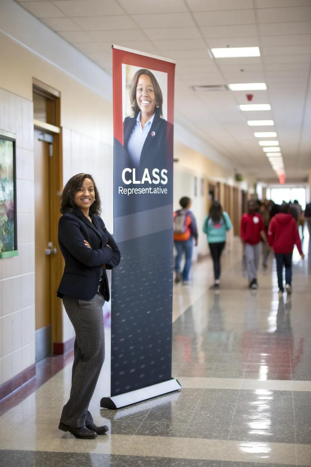 A confident pose conveys leadership on a class representative poster.