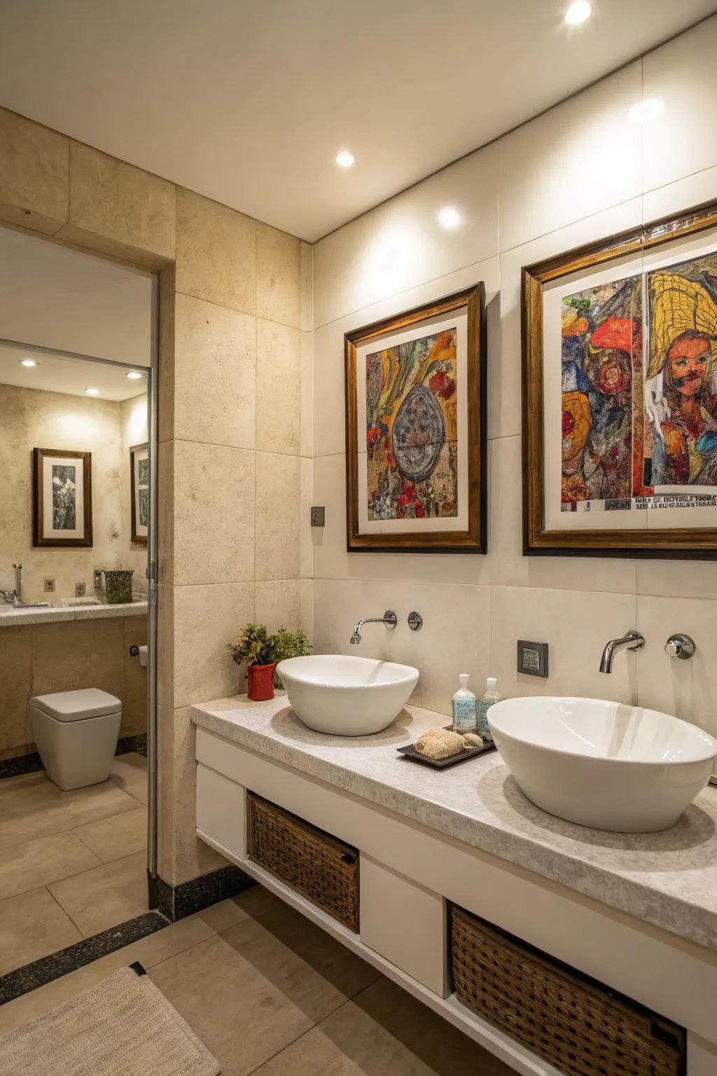 A bathroom where wall art functions as a striking point of focus, lifting the room’s design.