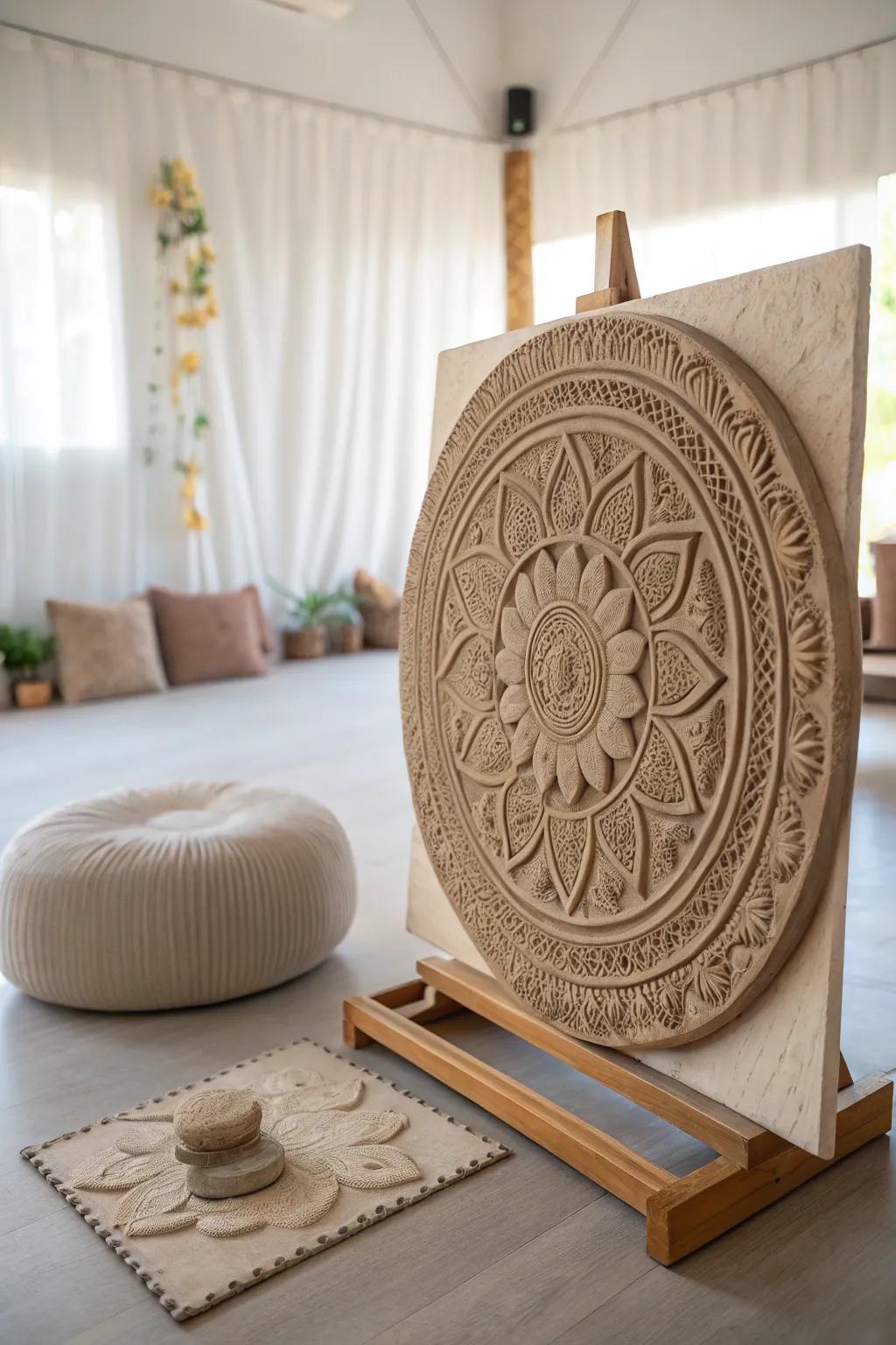 Detailed circular design clay impression, bringing tranquility into your house.