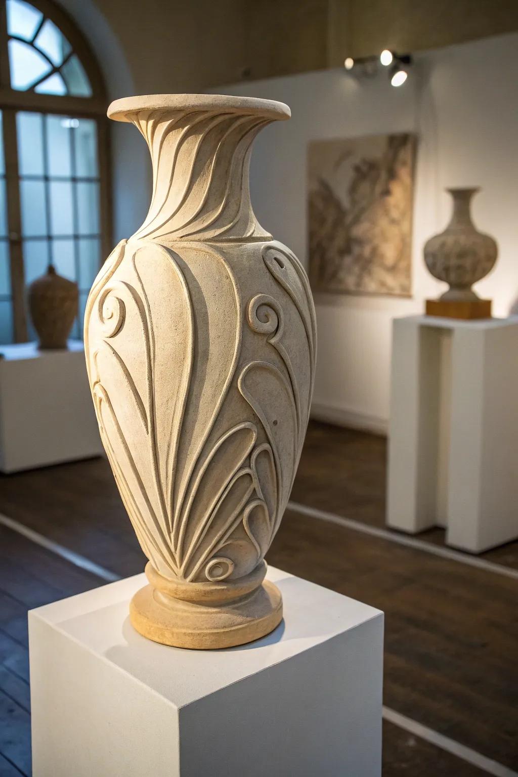 A sculptural earthenware vase acting as an artistic centerpiece within a space.