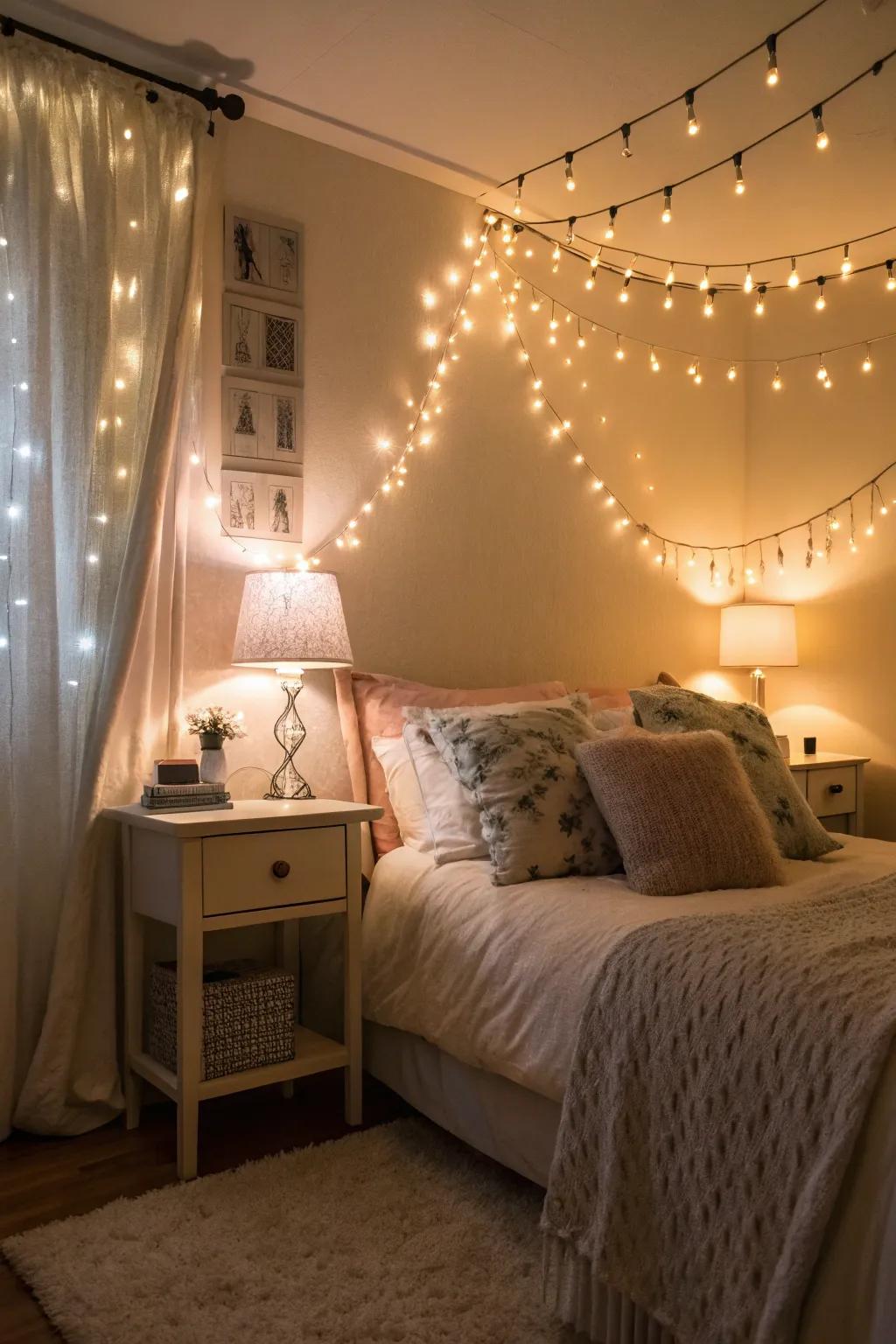 Soft illumination crafts a warm and inviting bedroom setting.