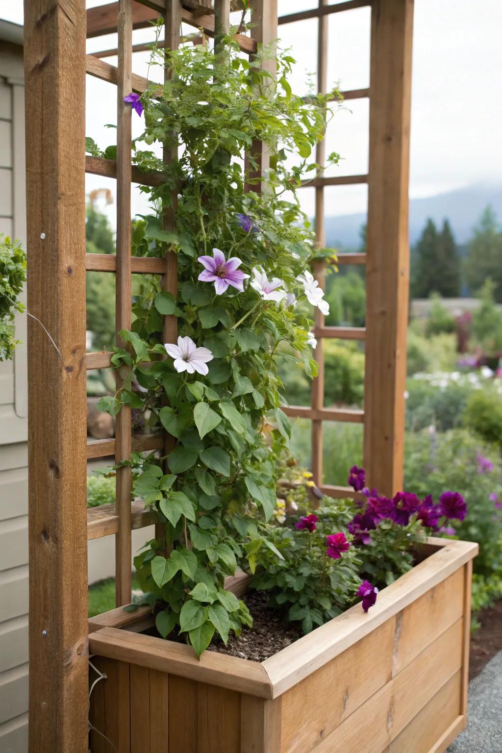 A climbing support with a built-in planter makes the most of space for clematis growth.