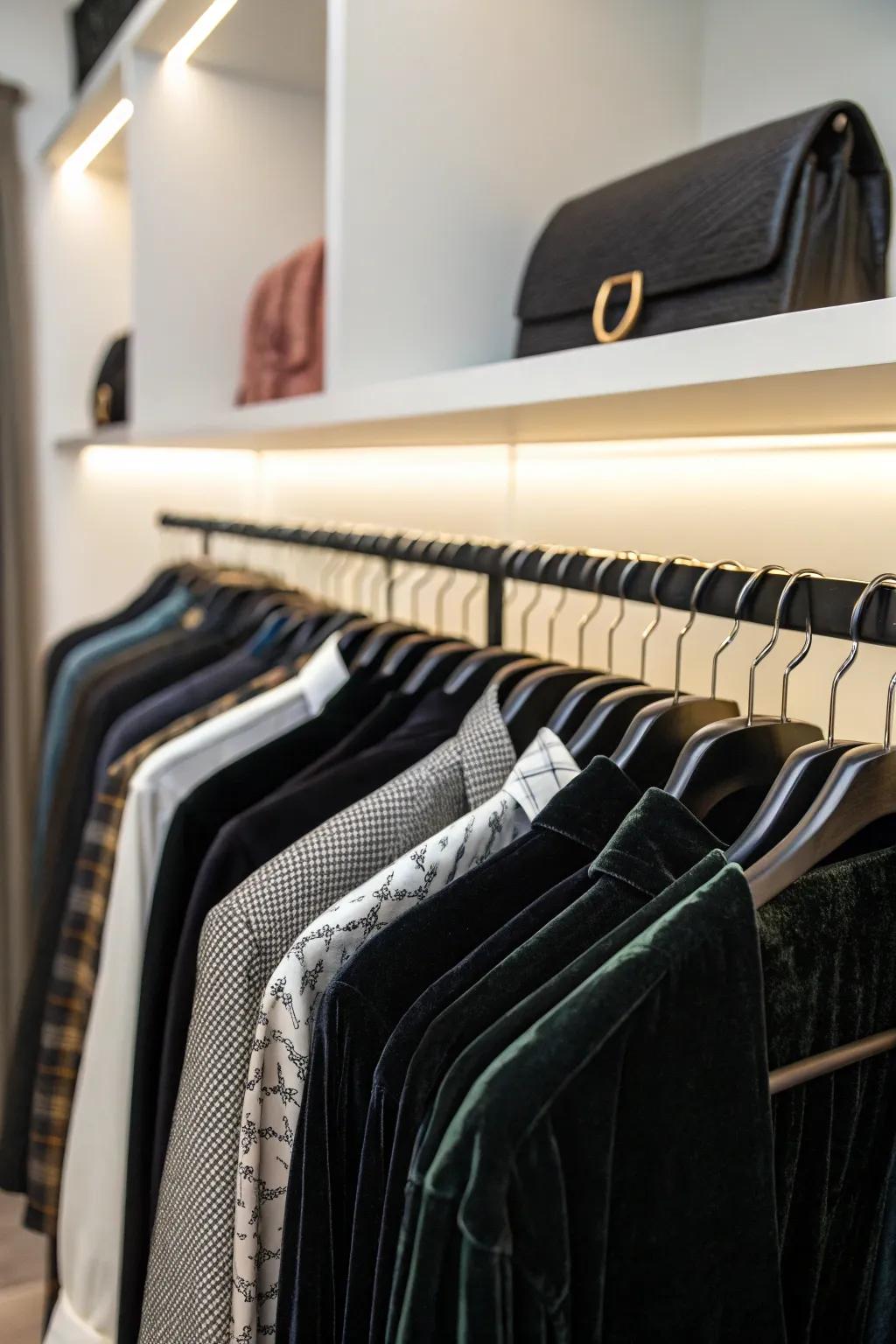 Optimize your closet space with slim hangers, a simple yet effective solution.