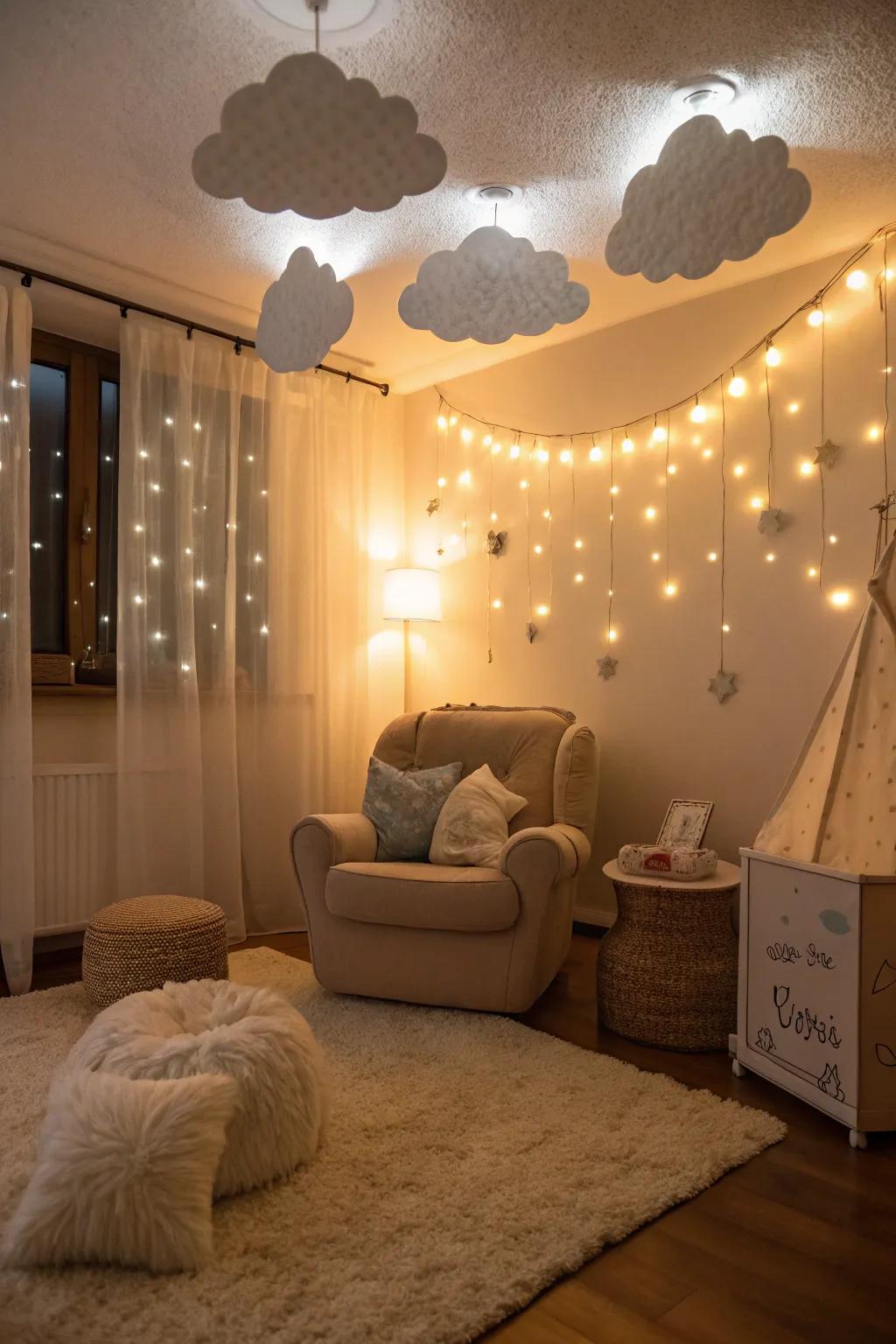 Gentle ambient illumination enhances the dreamy atmosphere of a sky-themed baby shower.