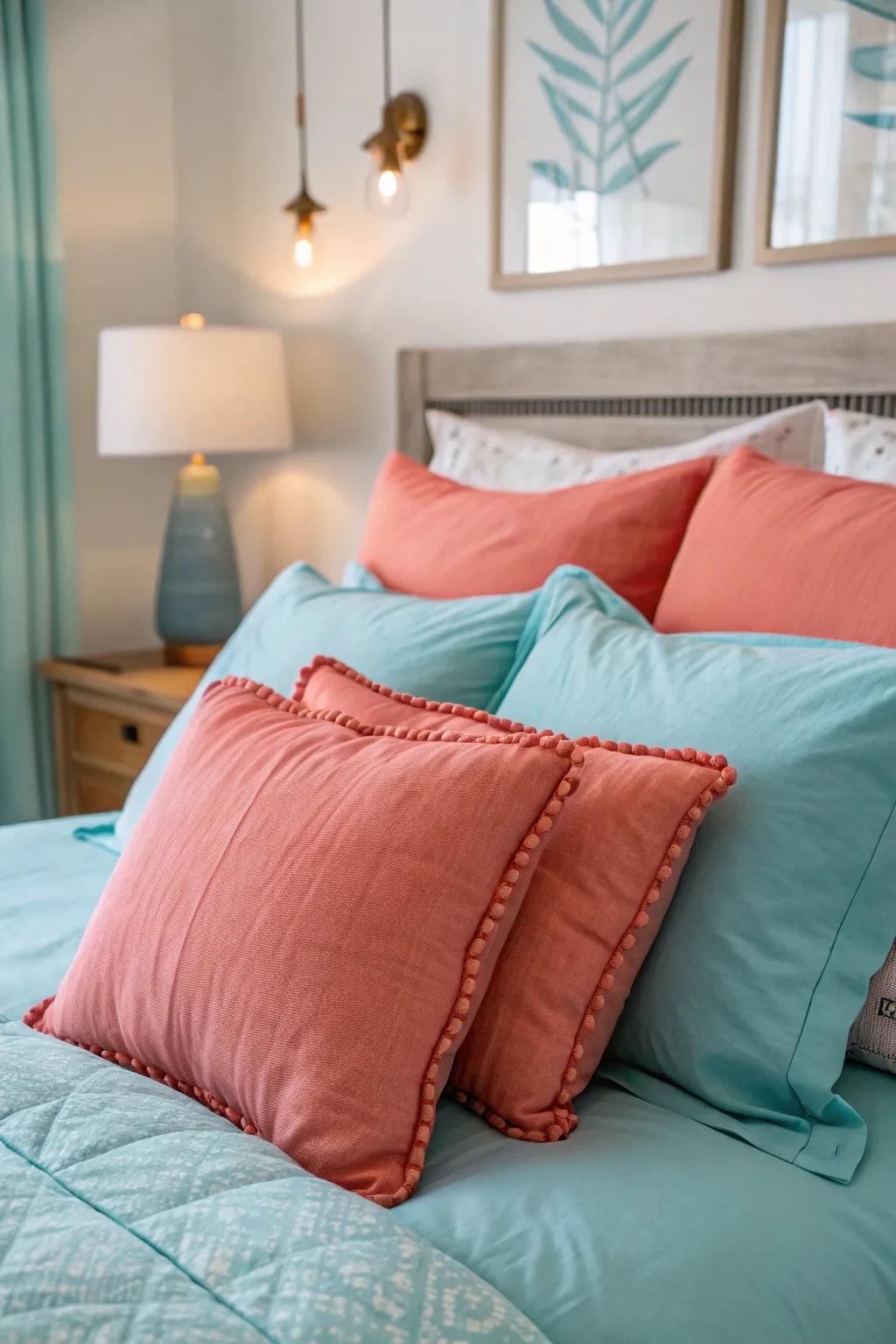 Coral accents introduce a lively contrast to coastal décor.