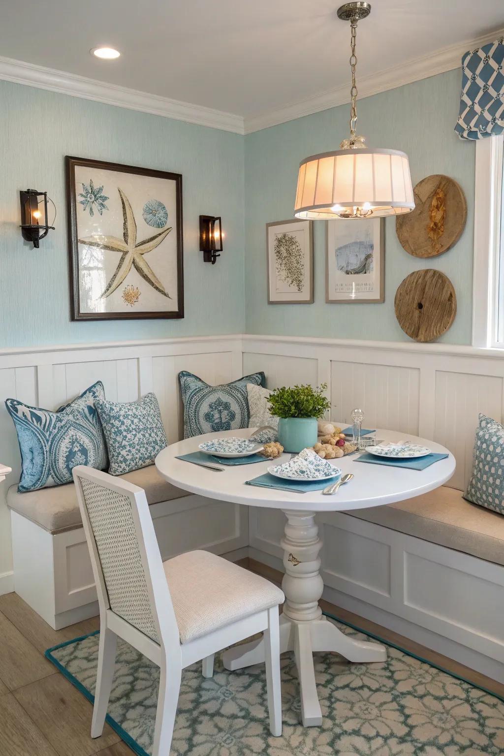 Settee seating creates a snug nook in the dining area.