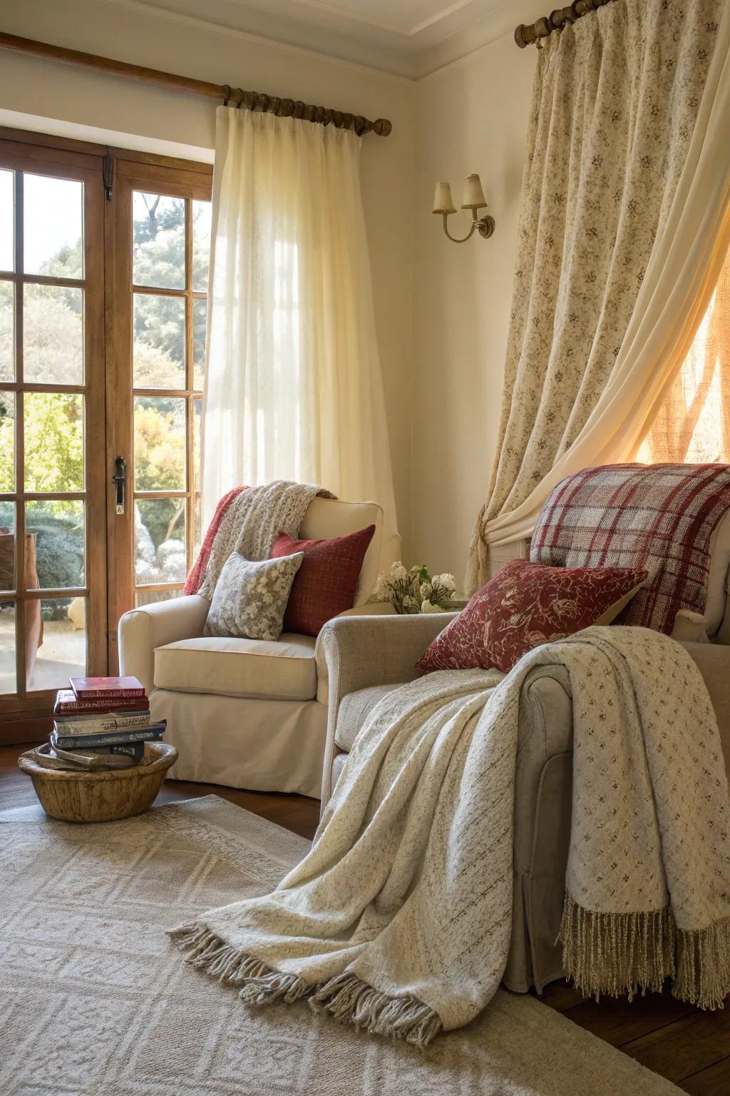Varied textiles bring depth and comfort to coastal farmhouse decor.