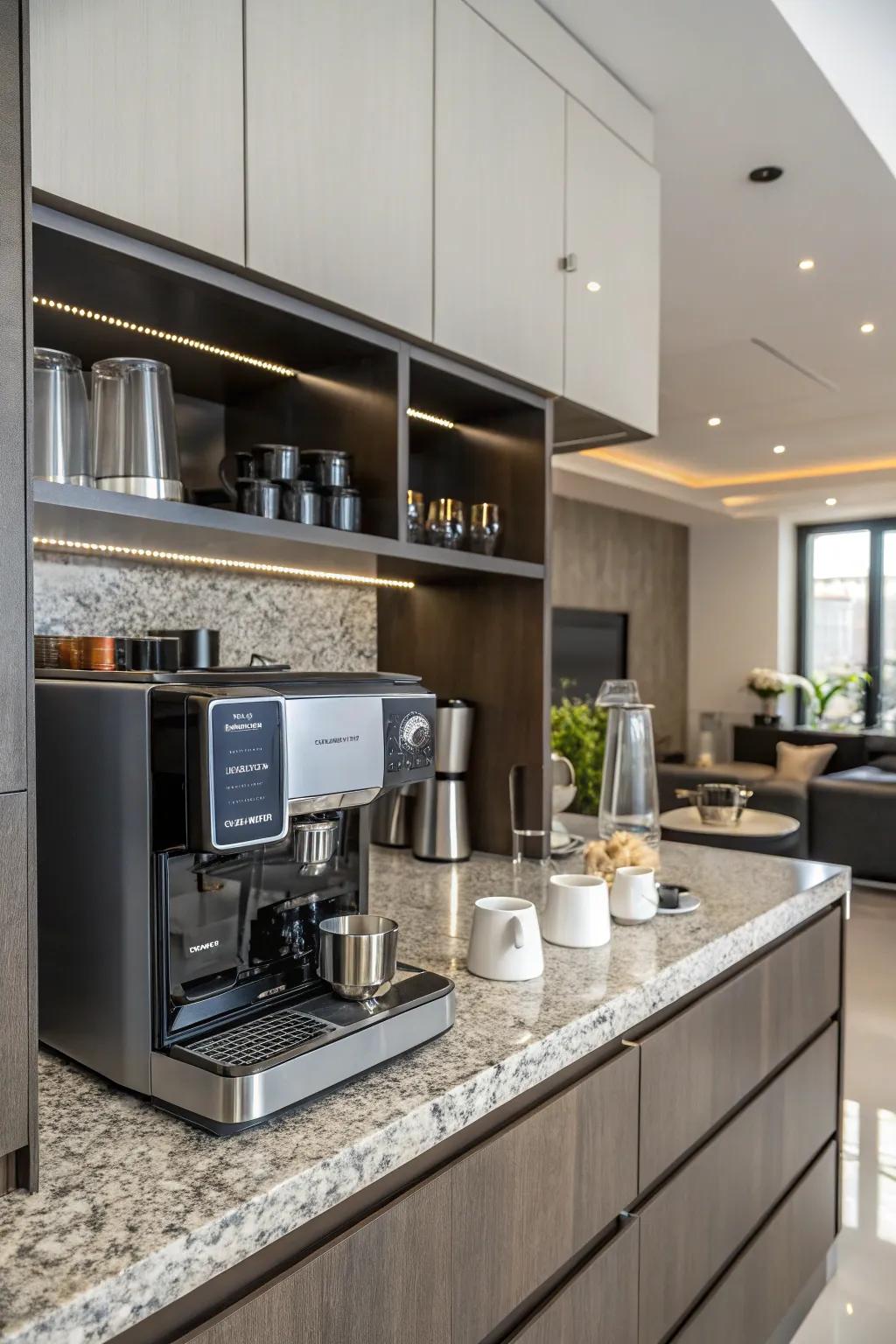 A modern coffee station with a seamlessly integrated coffee machine.