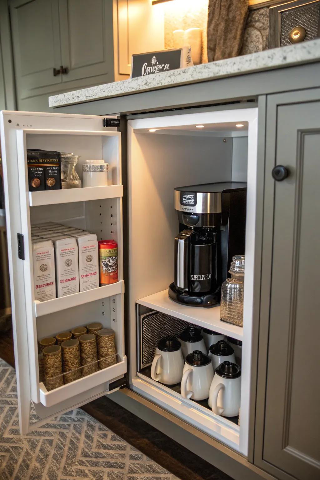 For a tidy kitchen, this coffee station is a hidden treasure.