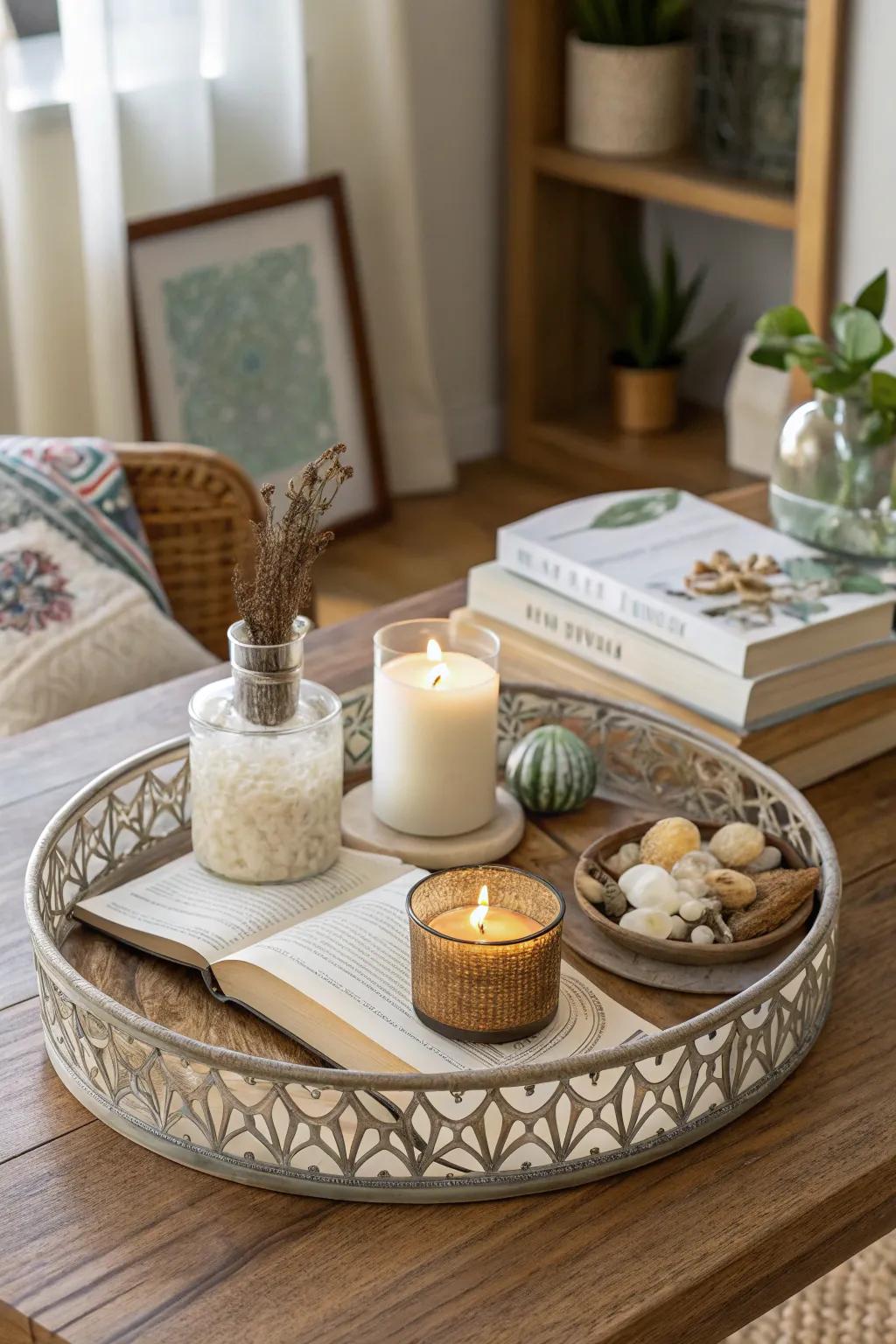 Trays lend organization and flair to your coffee table arrangement.