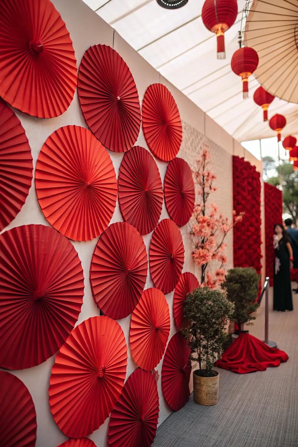 A creative scarlet paper circle wall backdrop for memorable photos.
