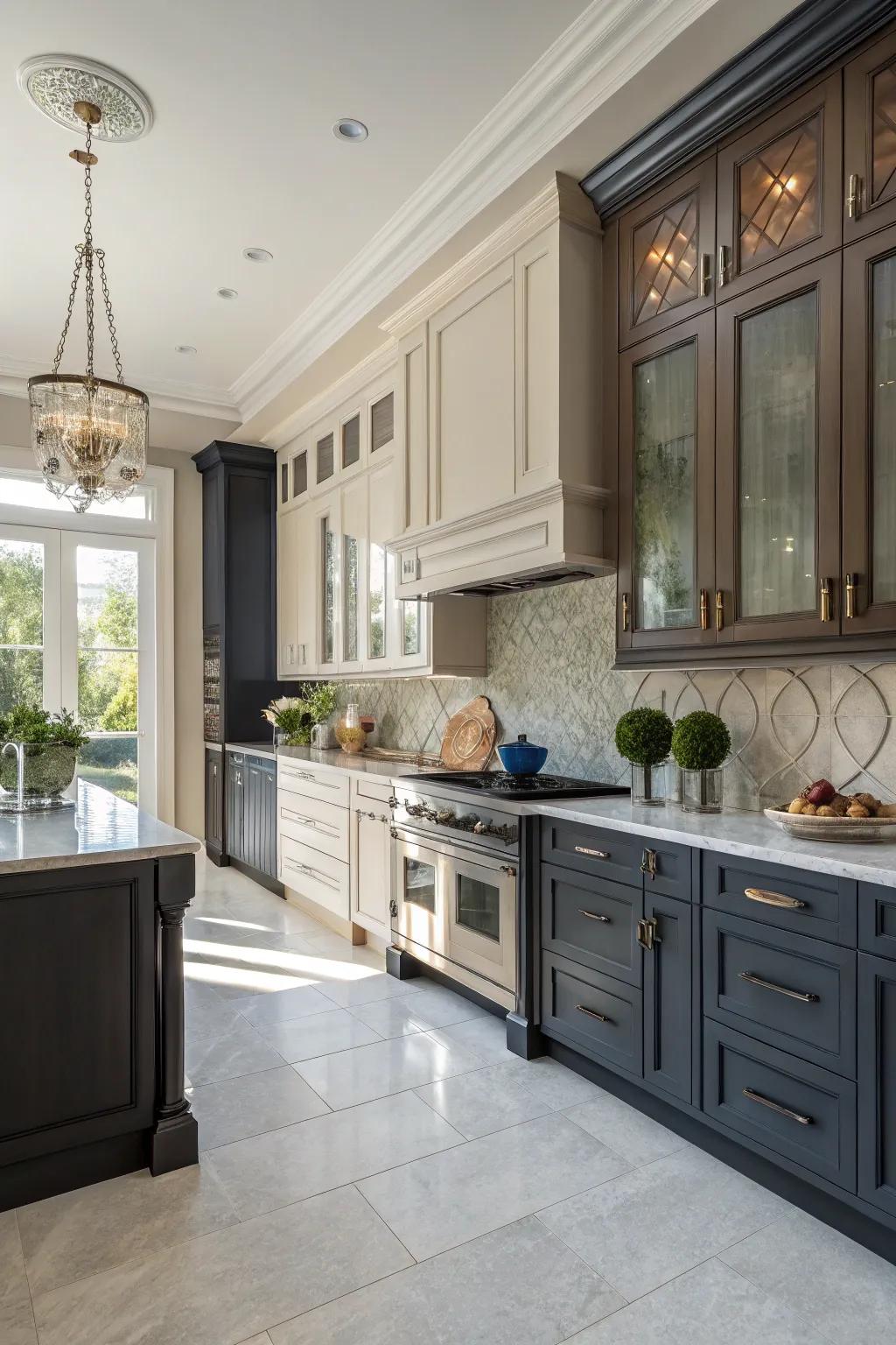 A kitchen with striking dual-tone cabinets for a visually interesting and elegant appearance.