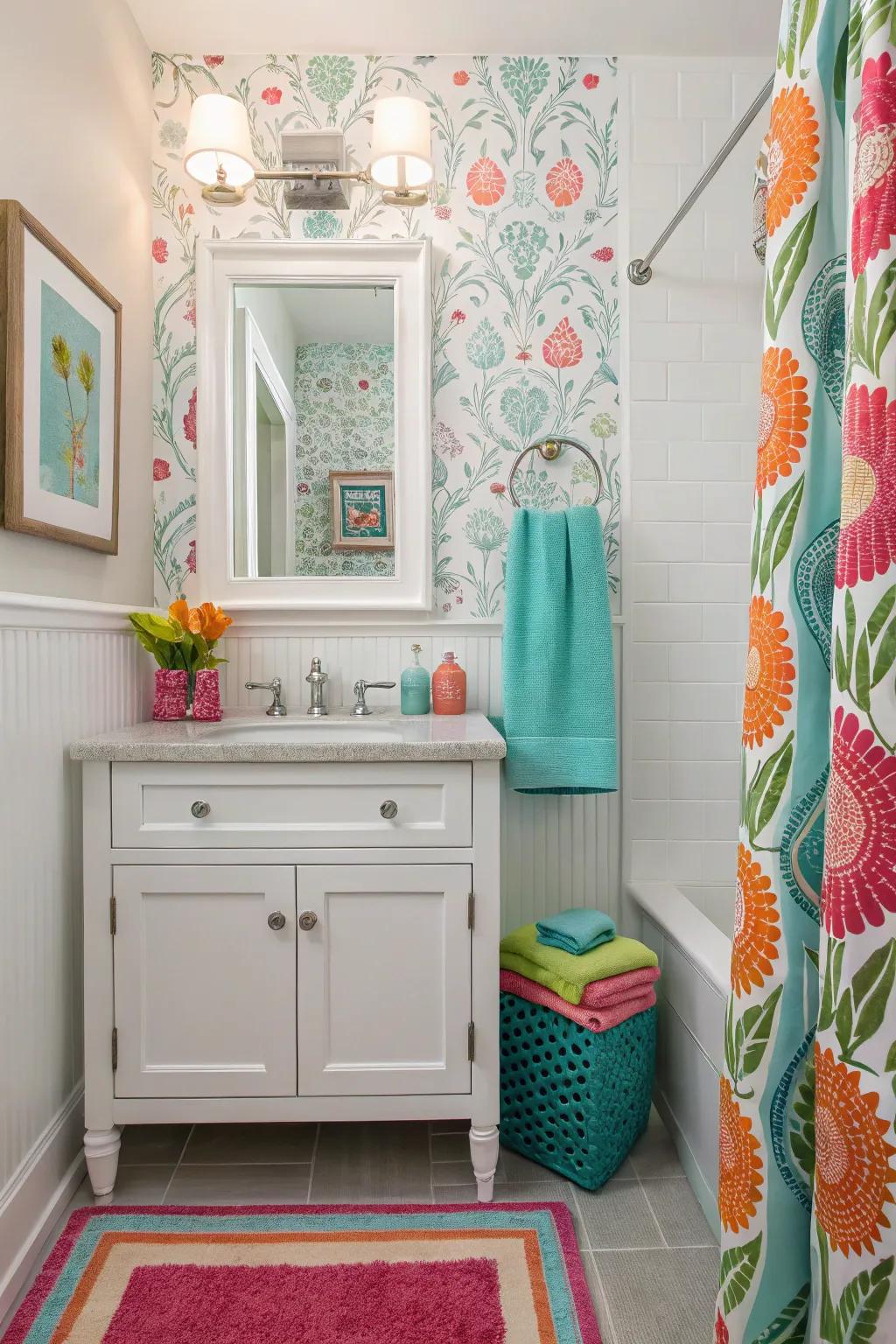 Coordinated décor and colorful accessories create harmony in this guest bathroom.