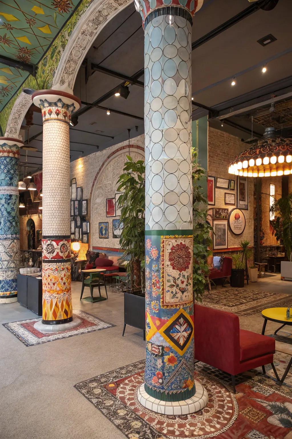 Inlay-covered columns introduce vibrant artistry into an eclectic interior.
