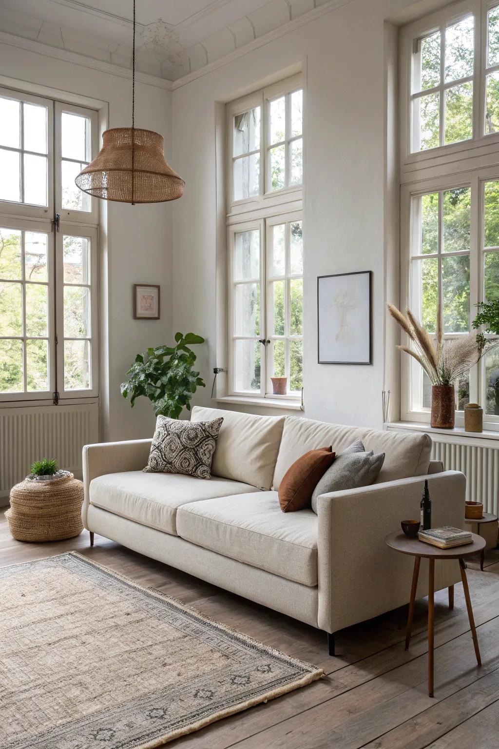A floating sofa arrangement that improves space perception.