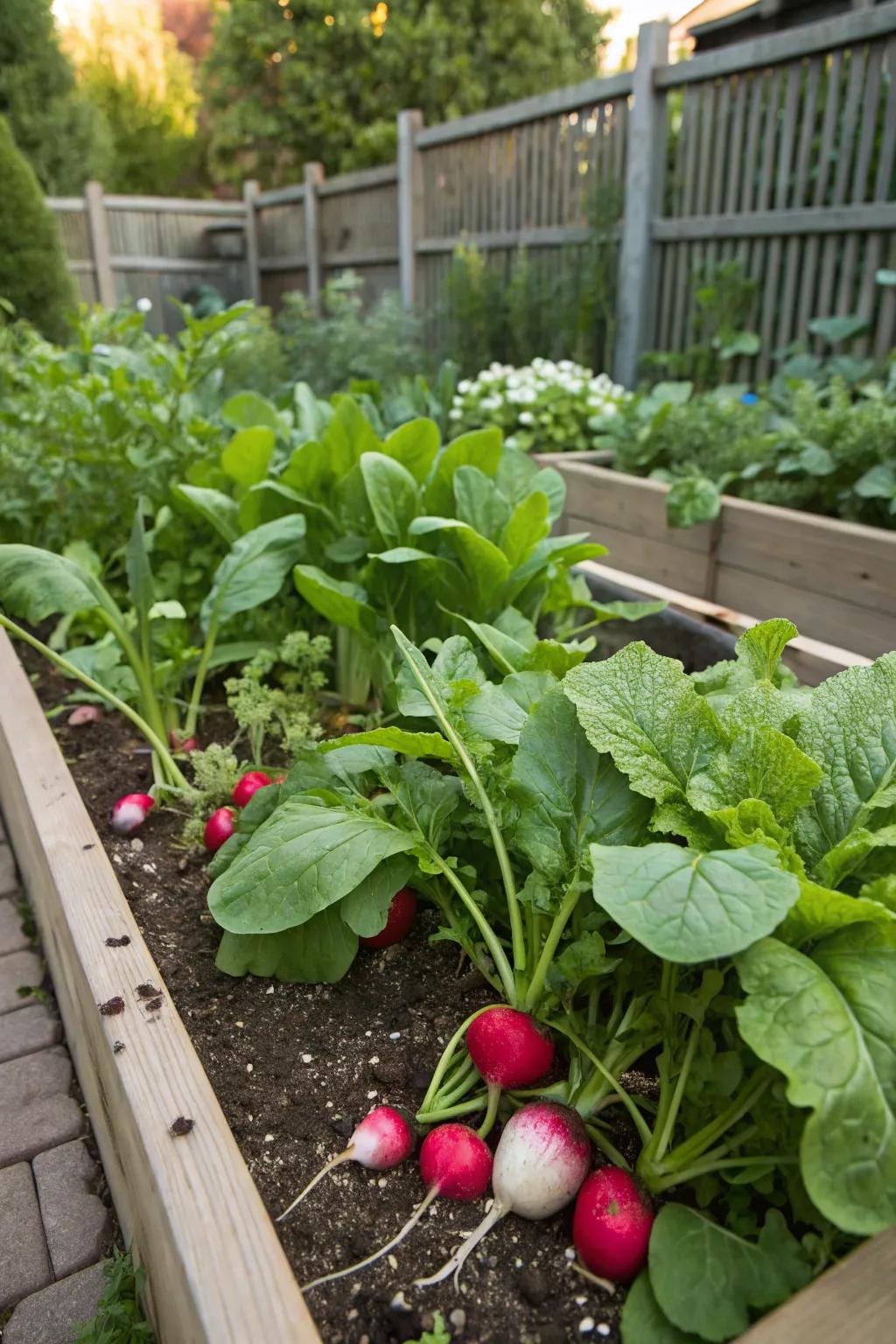 Sharp vegetables and leafy greens, a fast-growing pair for early harvesting.