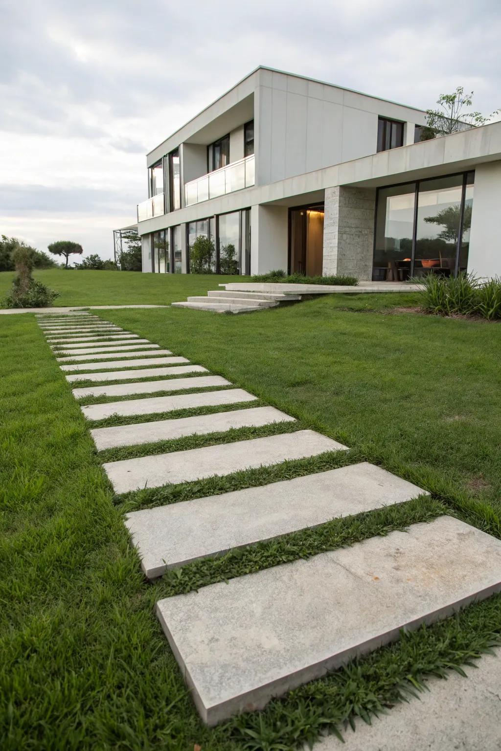 Oversized pathway tiles create a playful and modern walkway.