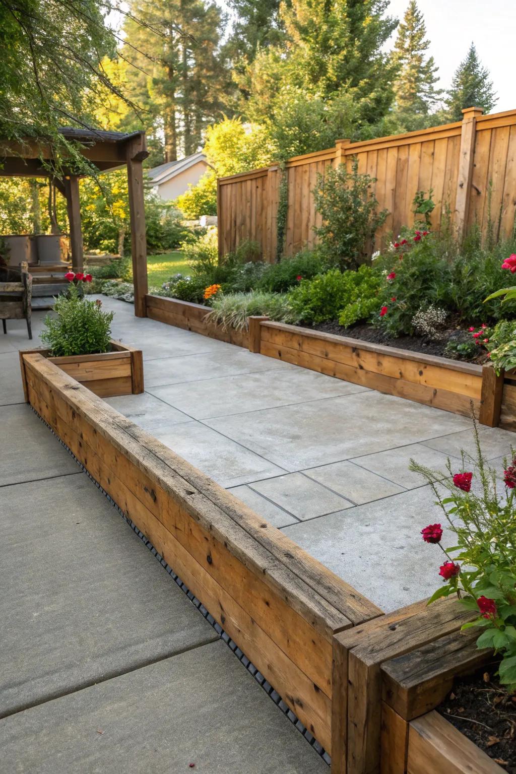 Rustic timber borders impart warmth and individuality to patios.