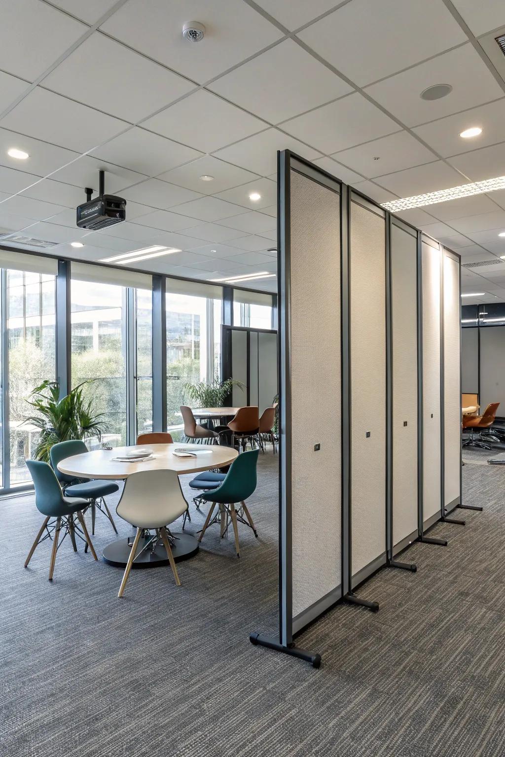 Movable partitions offer flexibility and privacy when needed.