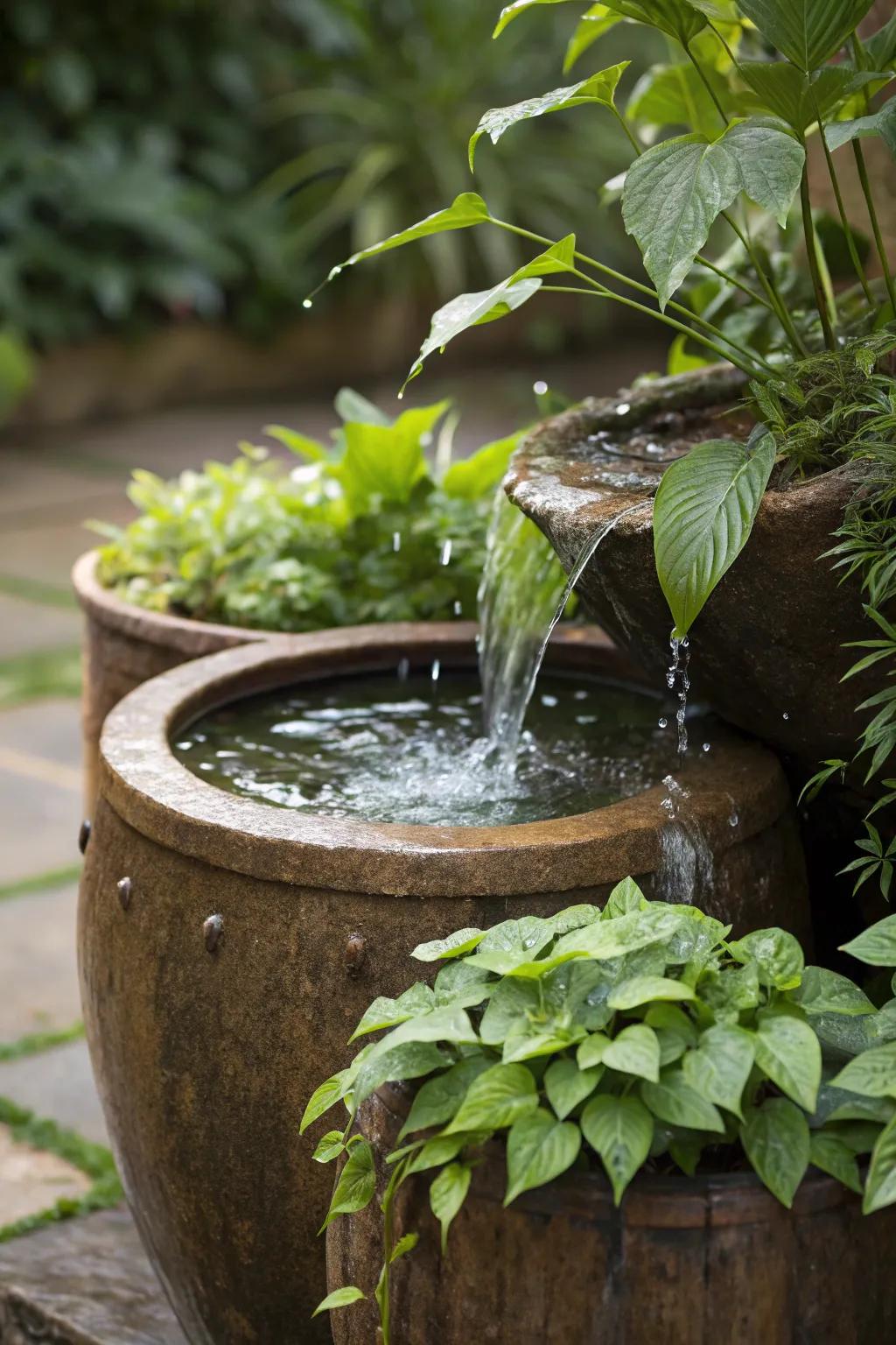 A water feature integrated into a container garden.