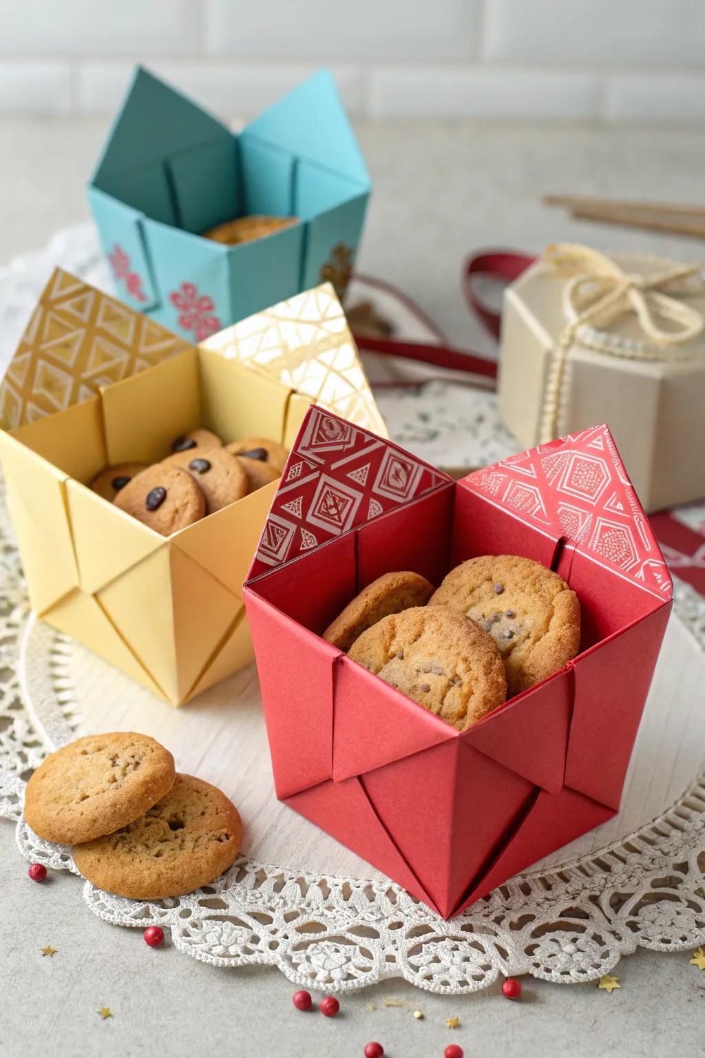 Paper art-style boxes add an artistic touch to biscuit wrapping.