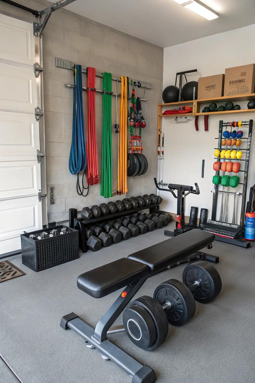 A home fitness center in the garage makes physical activity convenient and accessible.