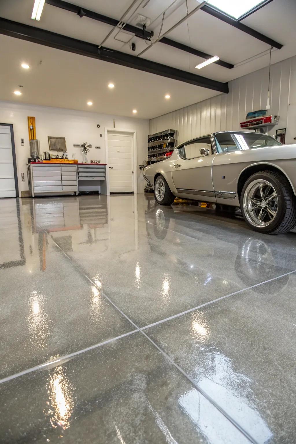 Metallic epoxy coatings add a luxurious showroom feel.