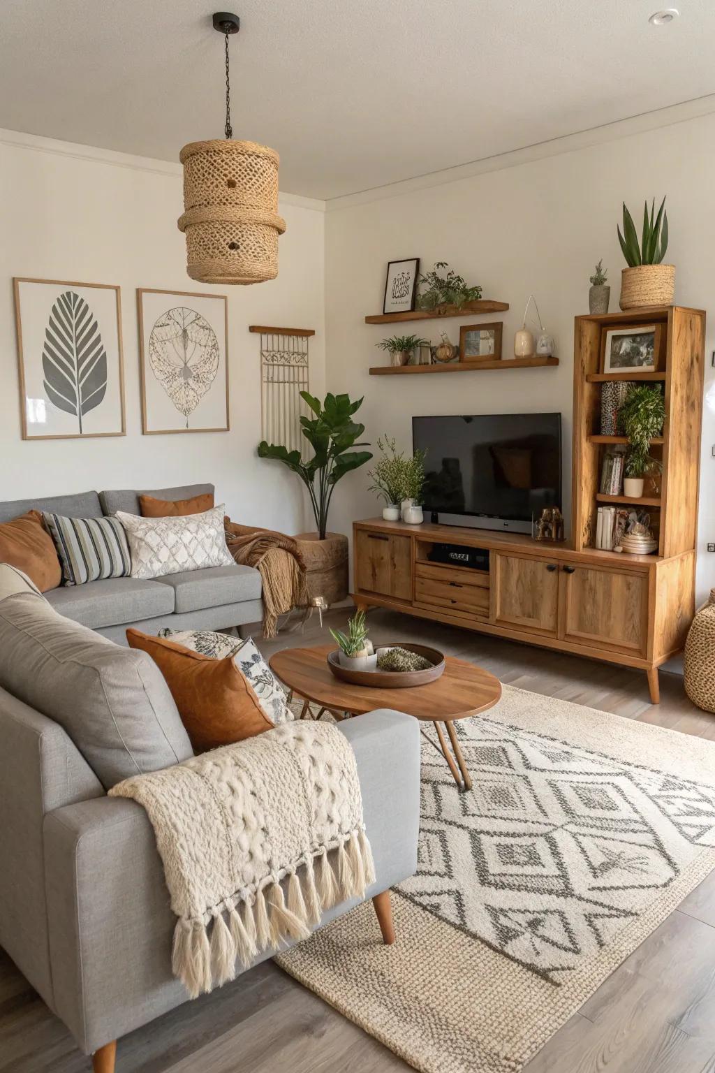 A harmonious fusion of contemporary, rustic, and boho aesthetics fashions a singular living room.
