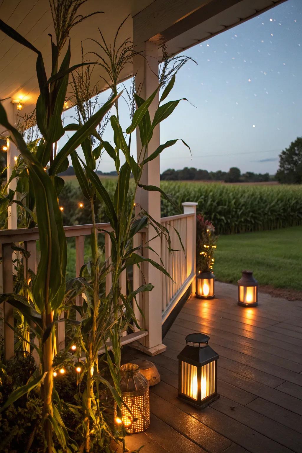 Design a snug and inviting atmosphere with corn stalks and lanterns.
