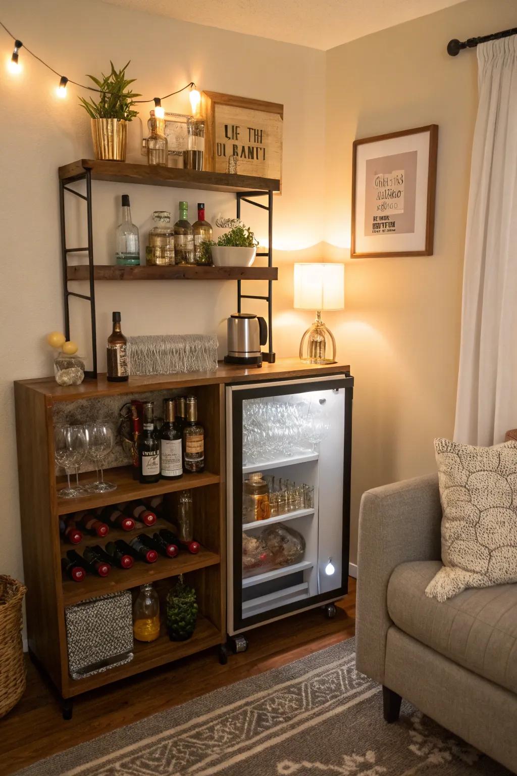 A corner bar adds a touch of elegance and functionality to the living room.