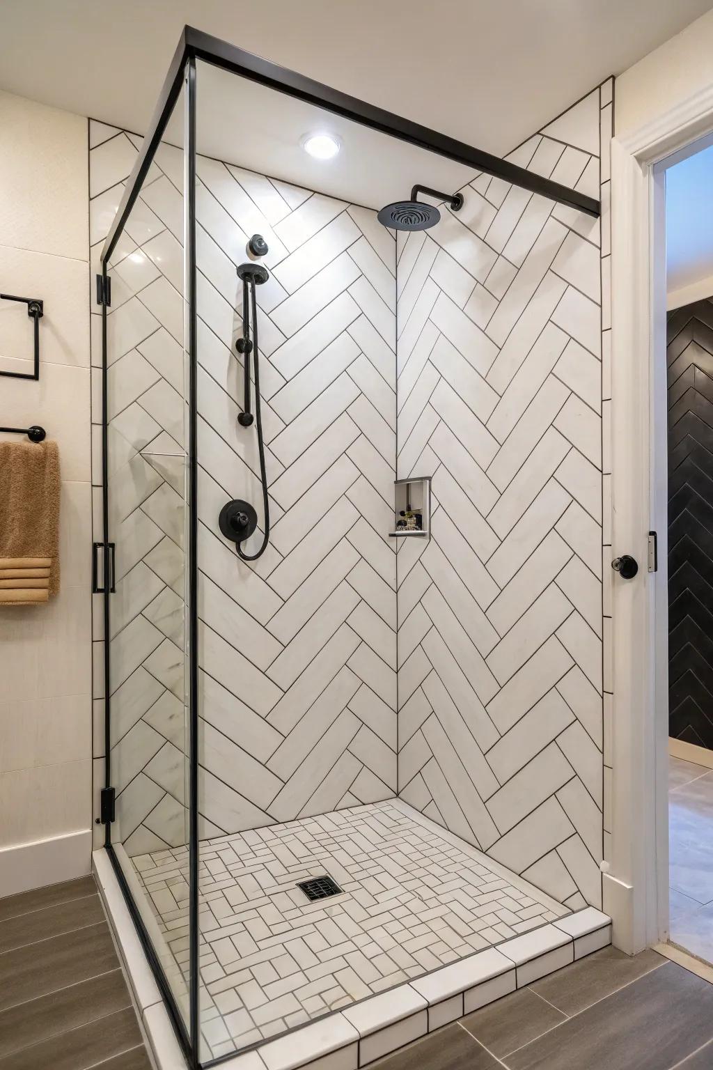Slanted brick layouts add dynamic motion to your shower.