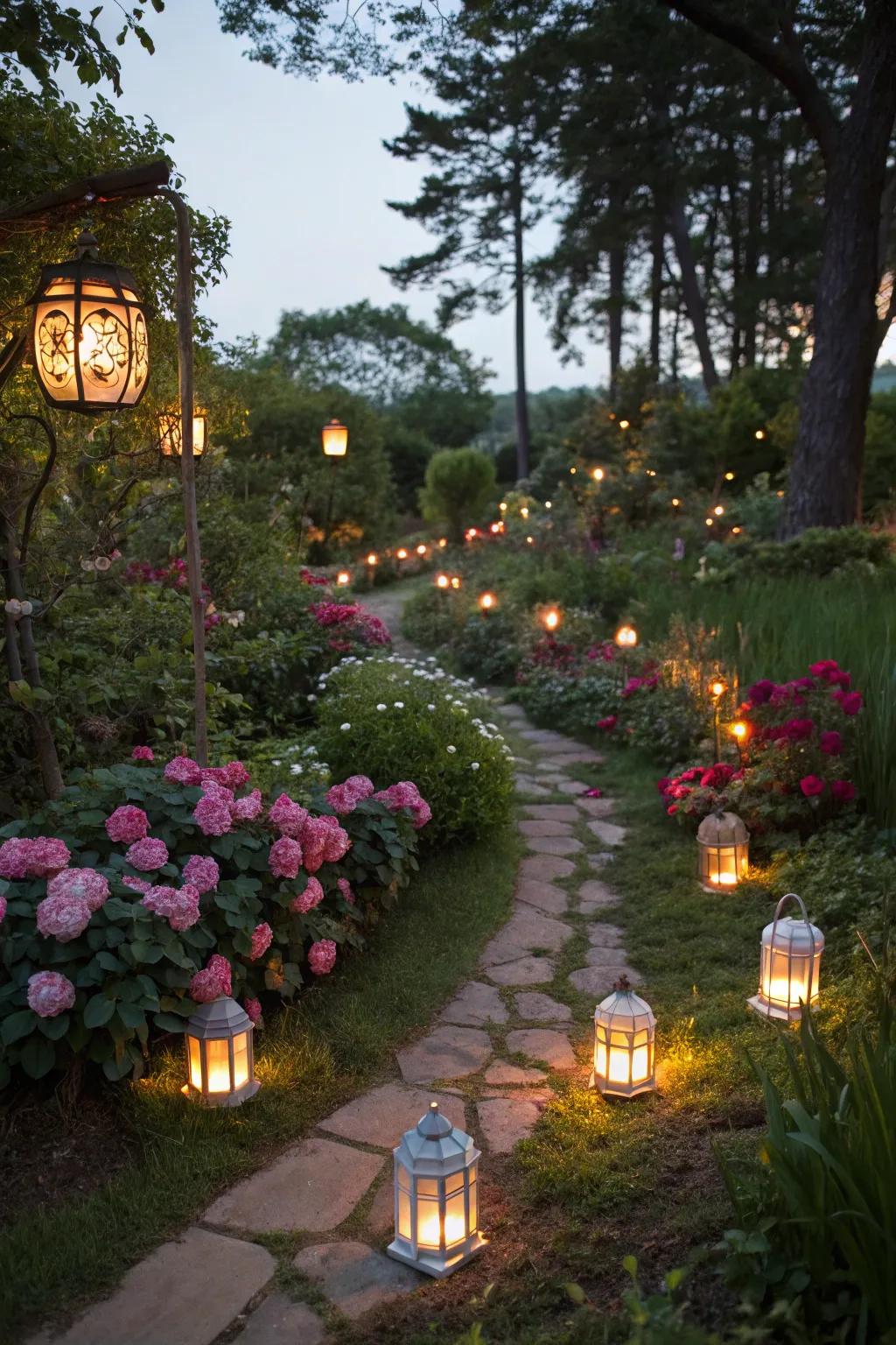 A garden with a fairytale touch from playful lamps.