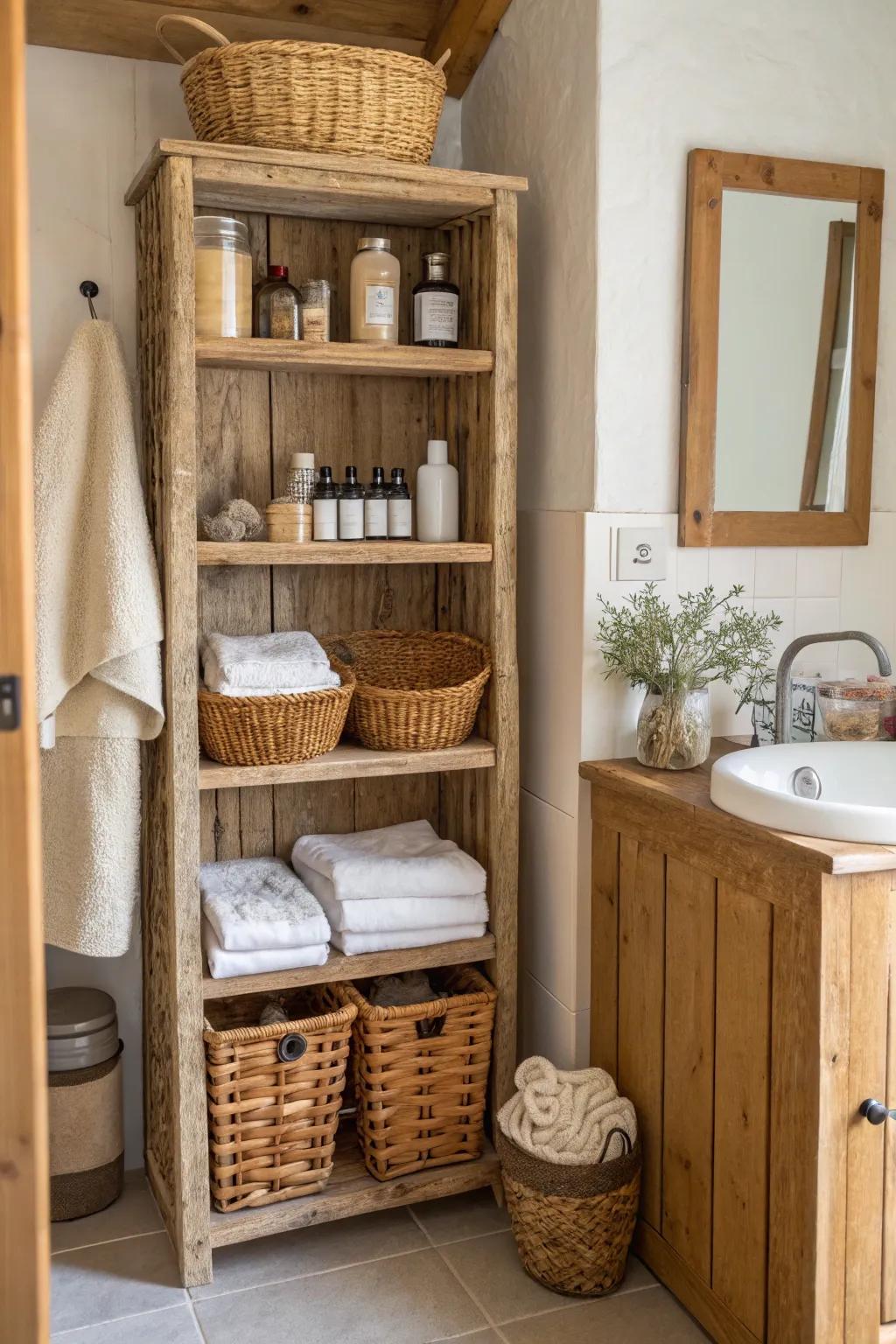 Useful and fashionable storage is provided by open shelves and baskets.