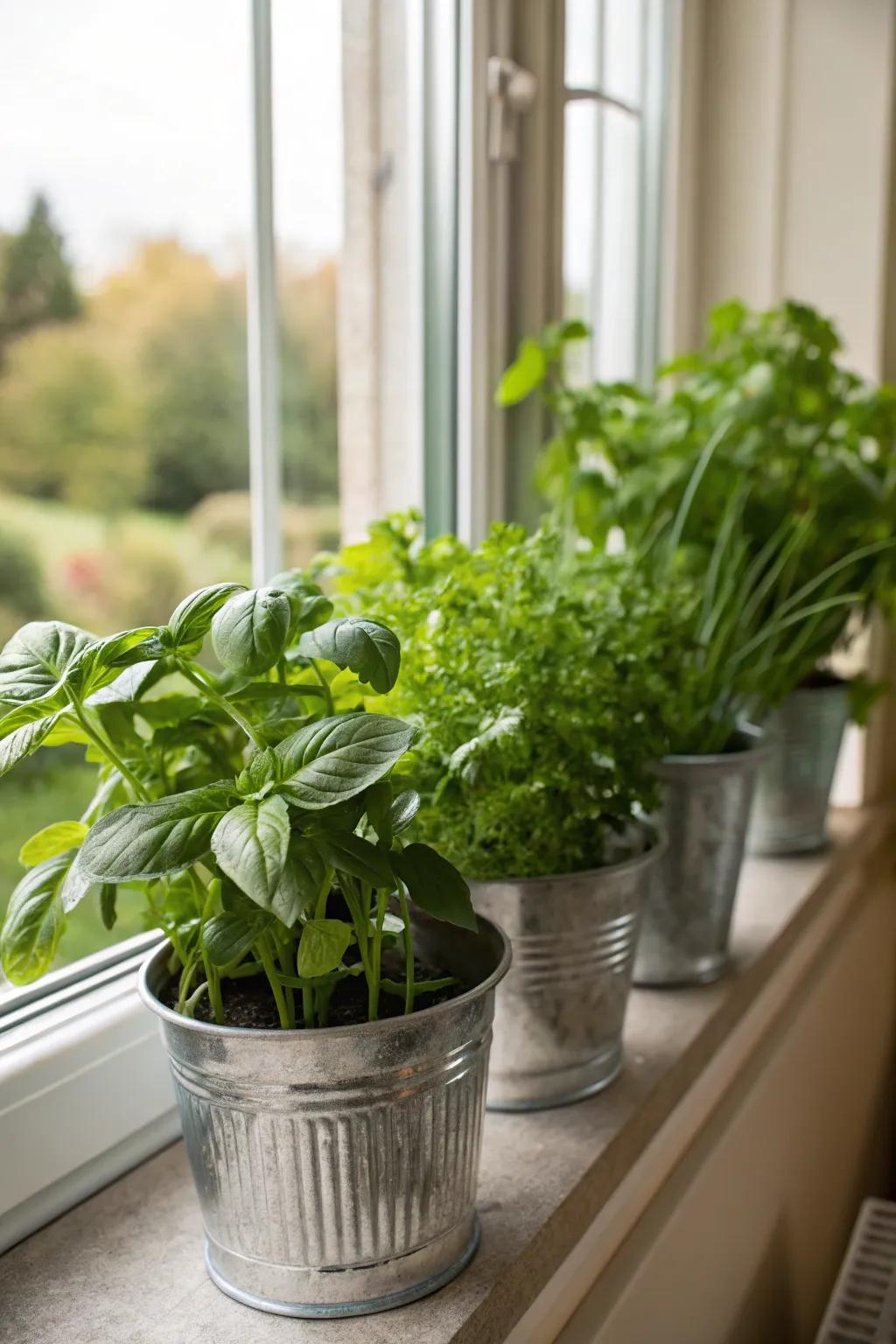 Steel receptacles repurposed as herb holders contribute countryside appeal.