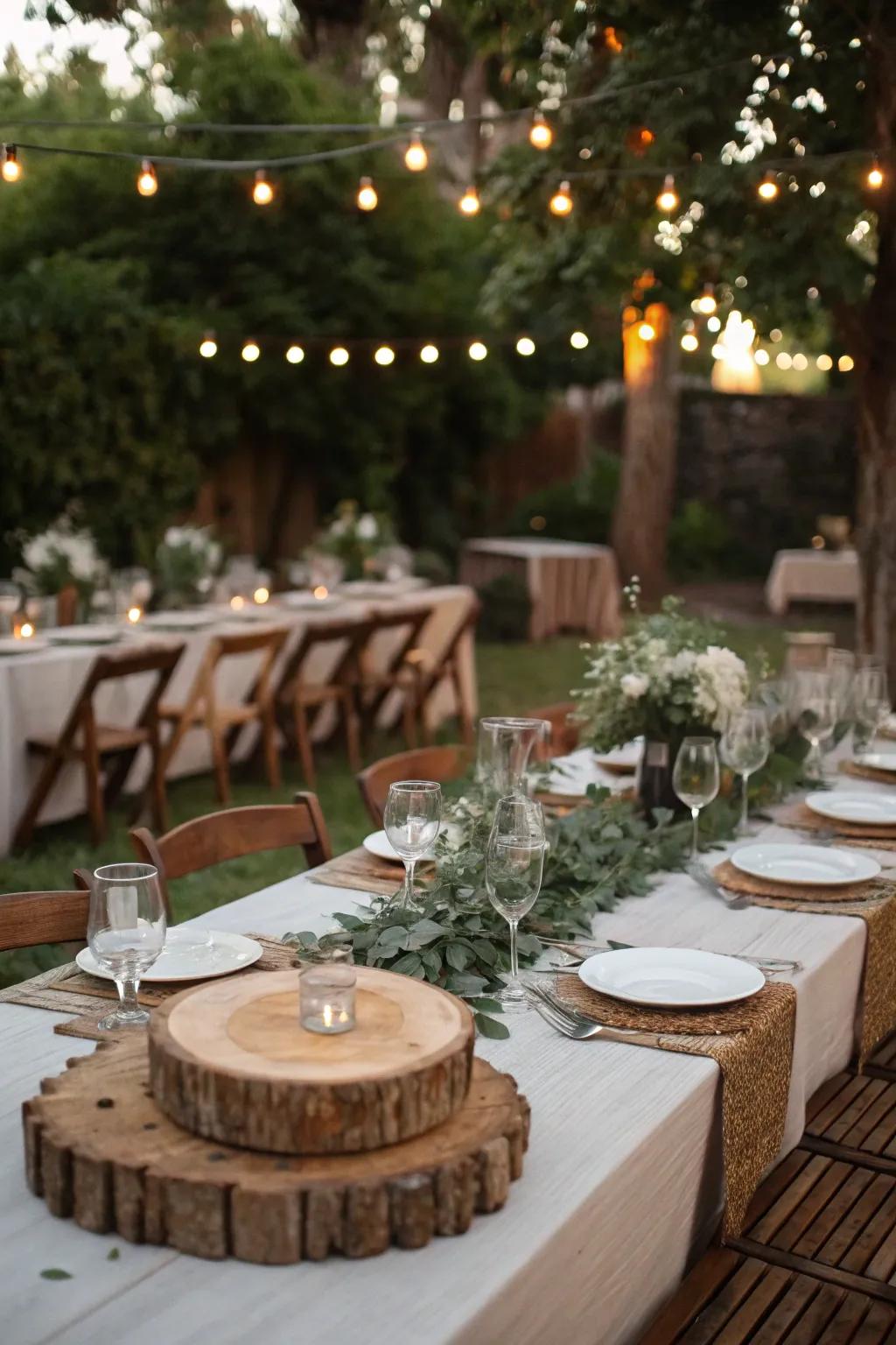 Rustic wedding platforms showcasing arboreal décor and minimalistic glassware.
