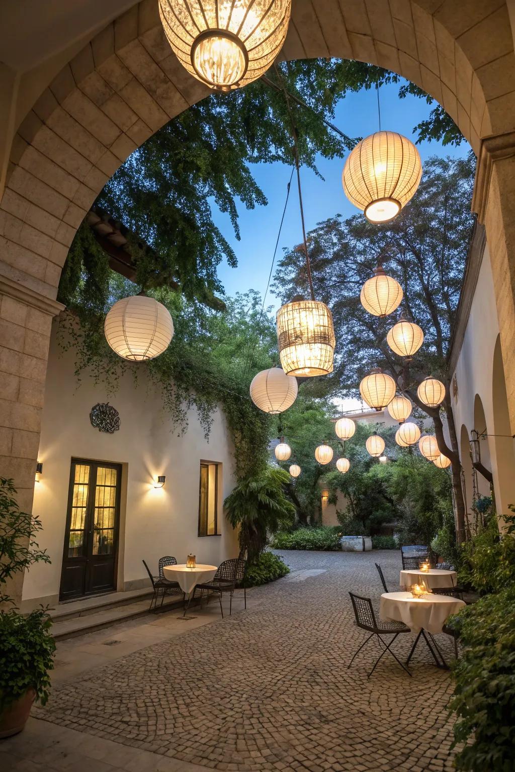Suspended lanterns create a whimsical glow in the courtyard.