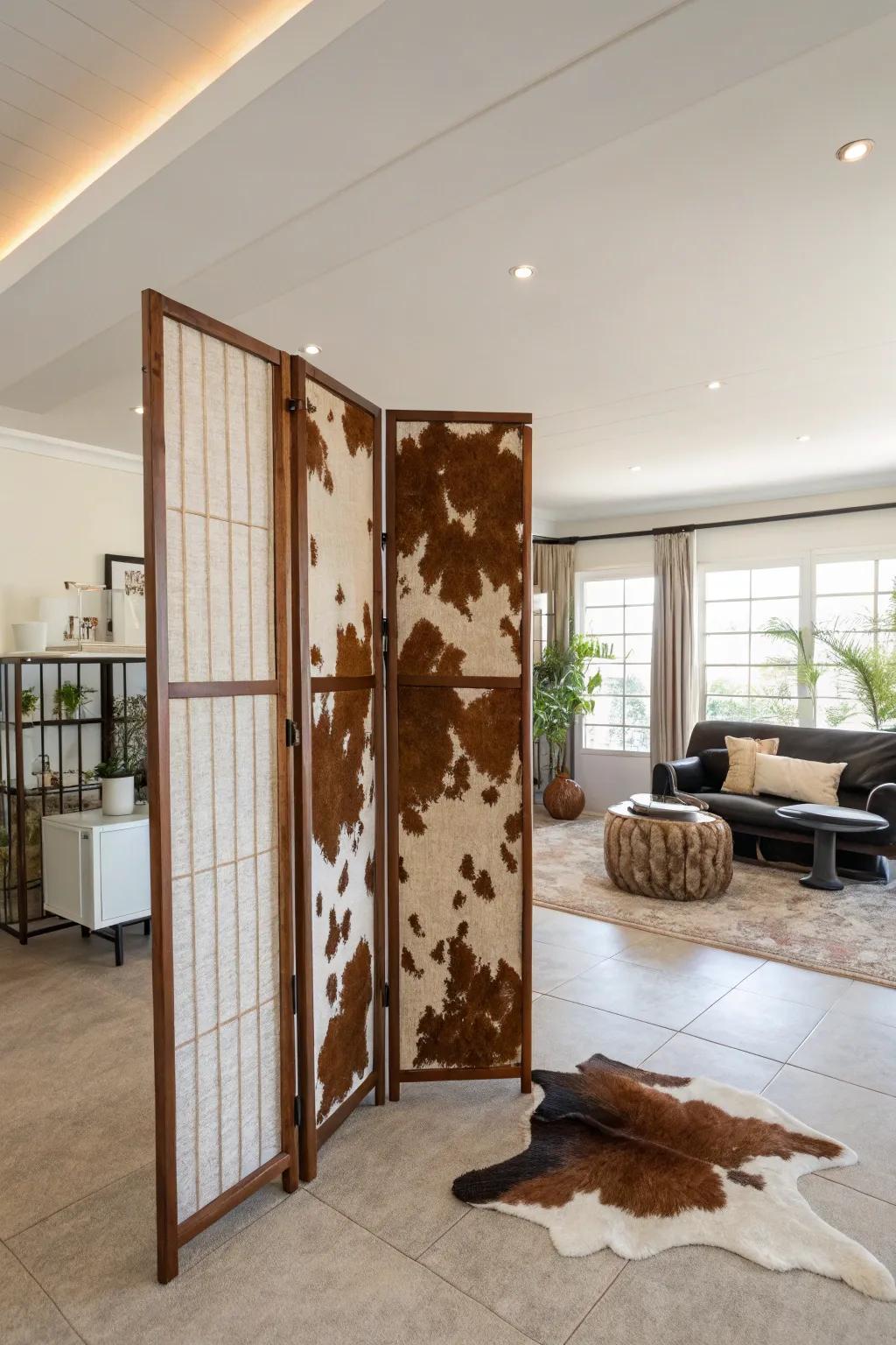 A hide carpet employed as an imaginative area divider in an expansive scene.