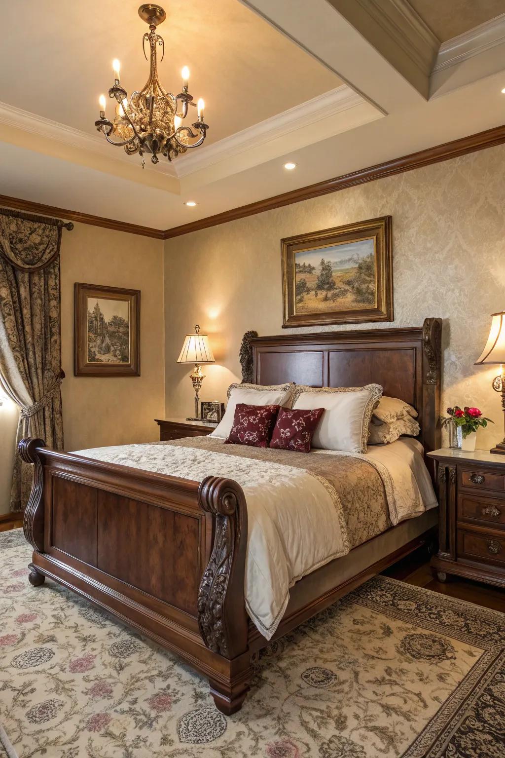 An elegant bedroom featuring a timeless cherrywood sleeping frame.