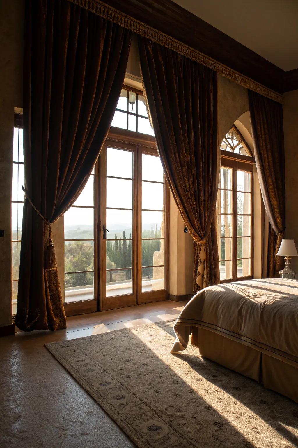 Velvet drapes outline windows attractively, contributing drama and beauty.