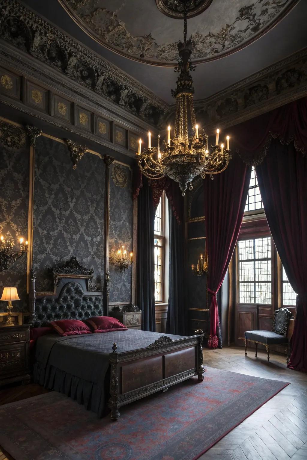 A goth-inspired bedroom featuring rich fabrics and dramatic elements.