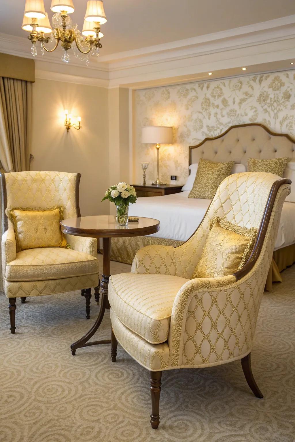 A lush seating area enhances the luxury of the bedroom.