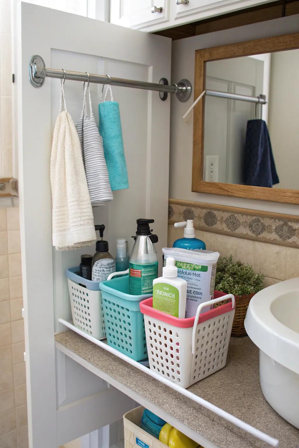 Tension rods let you hang storage in spots you might not think of.