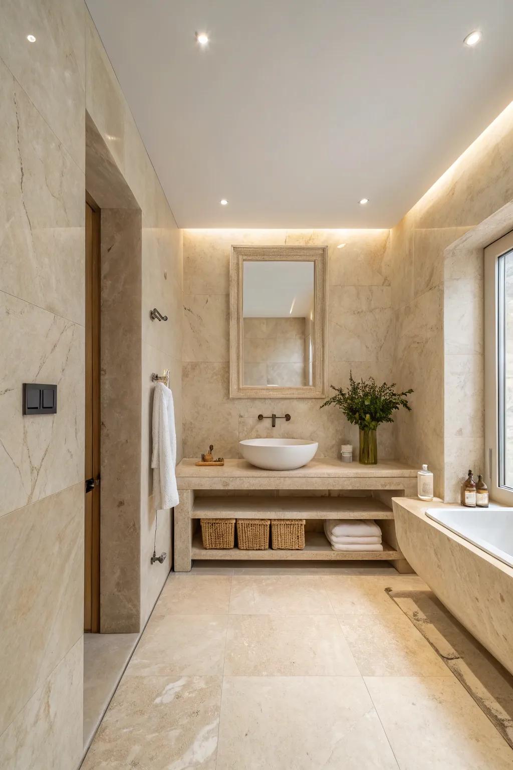 A chic and minimalist bathroom with ivory pearl.